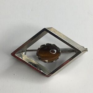 Tiger’s Eye Brooch‎ Pin Geometric Silver Tone Acadamia 1970’s Vintage
